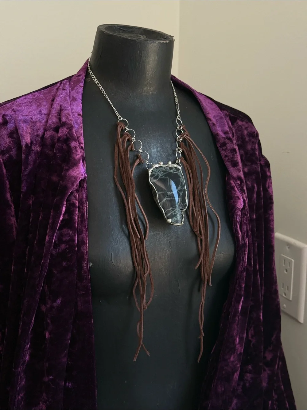 Spiderweb obsidian statement Fringe Necklace southern gothic boho jewelry